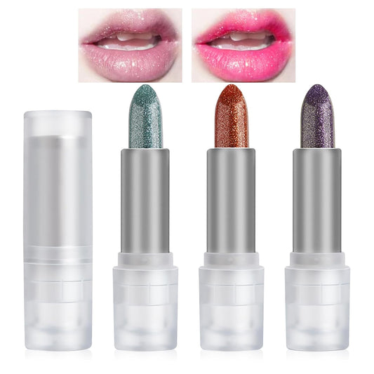 DAGEDA 3PCS Glitter Lipstick, Moisturizing Glossy Color Changing Lip Balm, Long Lasting Shimmer Lipstick, Nonstick Color Change Lipstick, Waterproof Glitter Lip Balm for Festival