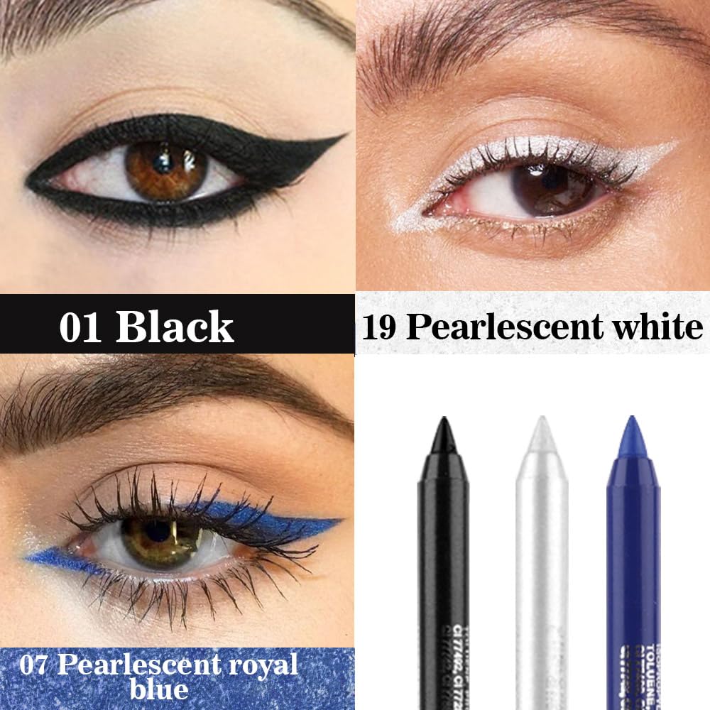 evpct 3Pcs Black & Pearl White & Shimmer Royal Blue Gel Glitter Eyeliner Pencils Set for Women, Waterproof Smudge Proof lapiz de ojos delineador de ojos contra el agua Eye Liner Makeup 01 19 07
