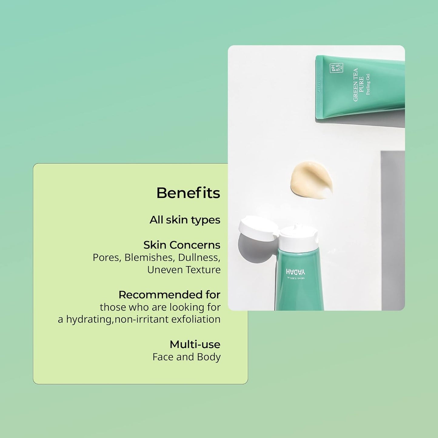 YADAH Green Tea Pure Peeling Gel, 3.4 Fl Oz - pH Balanced Exfoliating Gel with Natural Cellulose for Smooth, Resurface and Even Skin for Moisture Balance