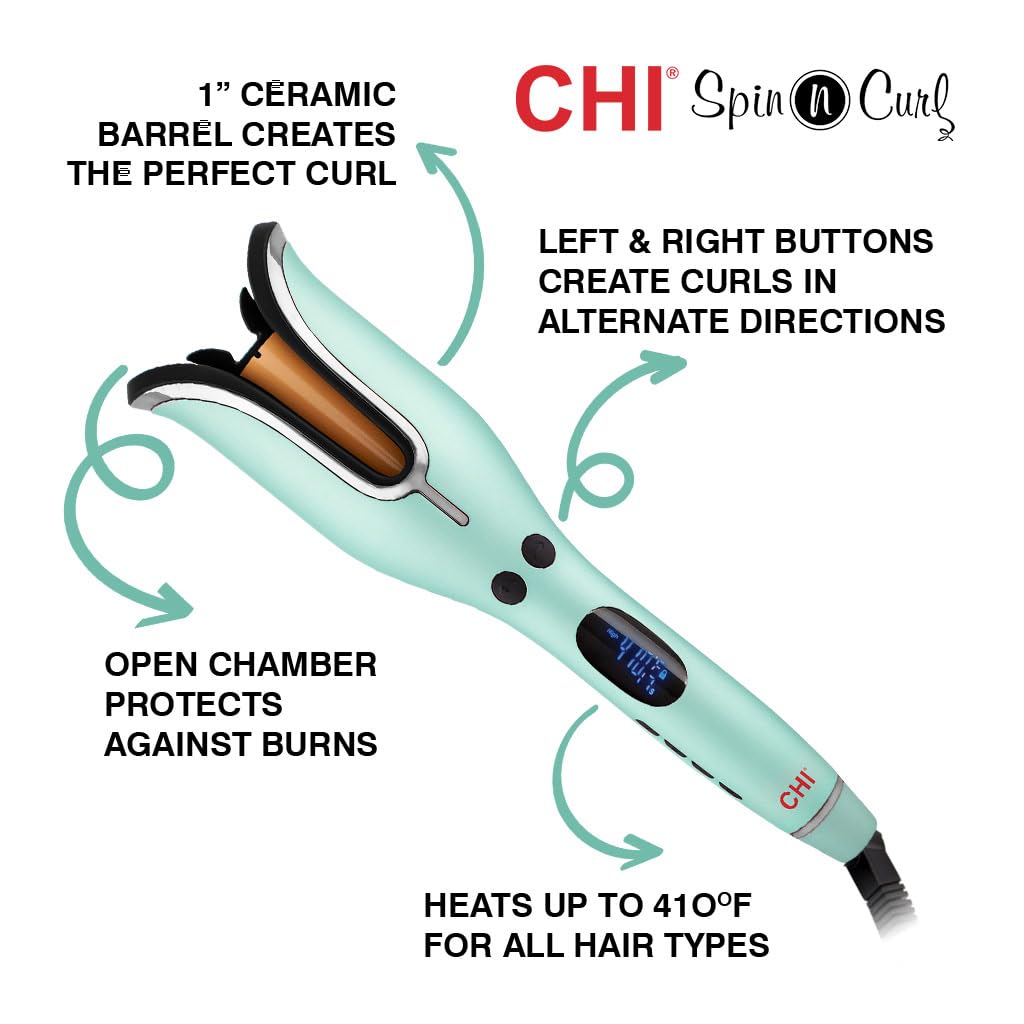 CHI Spin N Curl, Curling Iron For Healthy & Shiny Effortless Curls & Waves, Provides Preset Temperature Settings For Each Hair Texture, Mint Green