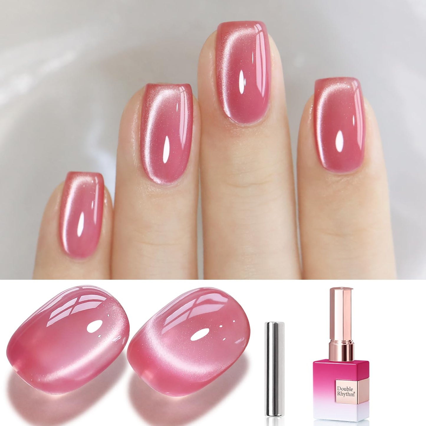 Double Rhythm 0.5 Oz Cat Eye Gel Polish with Magnet Same Color Same Bottle Holographic Glitter Shimmer Translucent Color Salon 15 ML Magnetic Nail Art (Rose Red-MC1170)