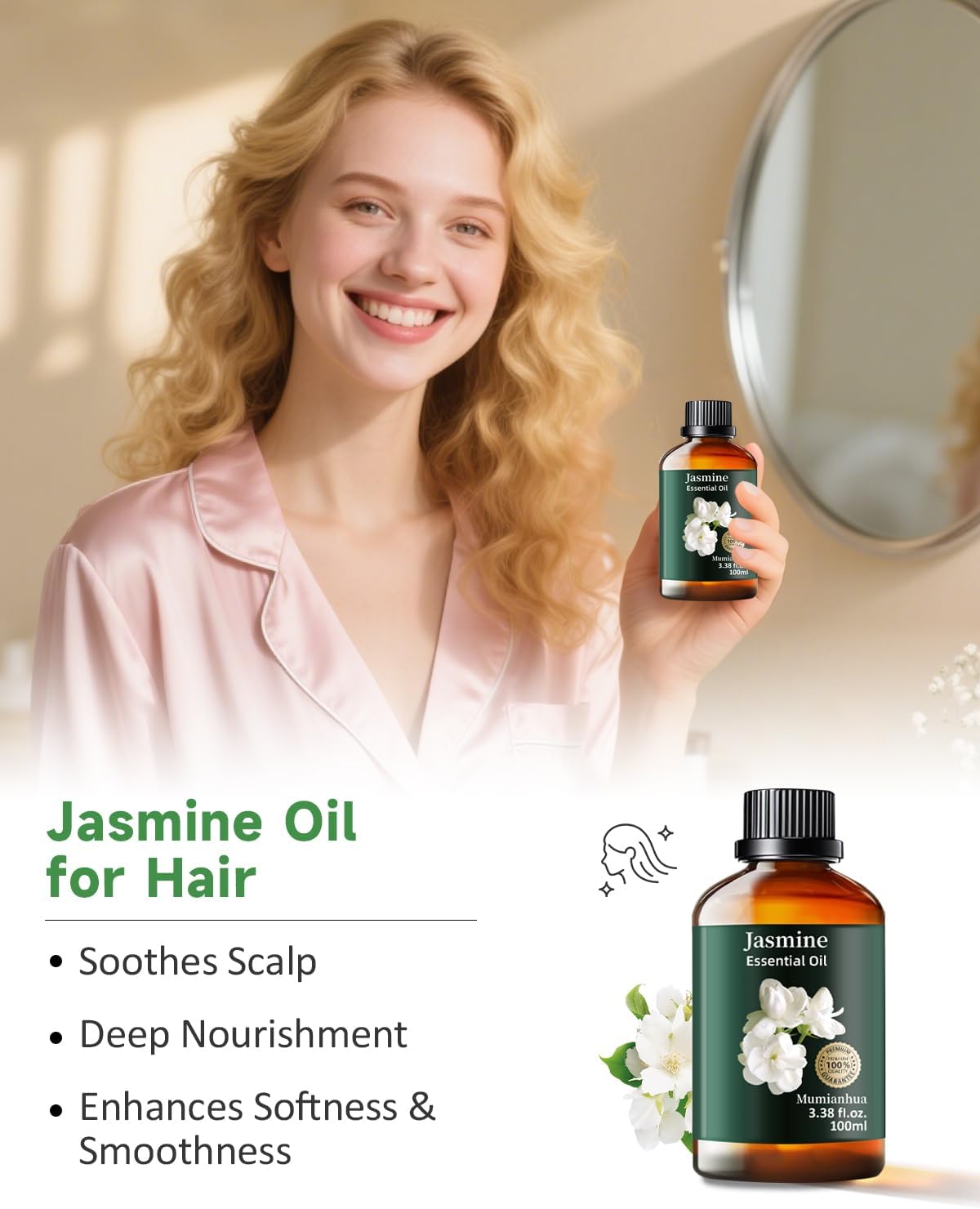 Mumianhua 100% Pure Jasmine Essential Oil Natural Jasmine Oil for Diffuser, Perfume, Shampoo, Aromatherapy, Cleaning, Skin, Hair, Massages, Relax,Candle Making 3.38 Fl Oz