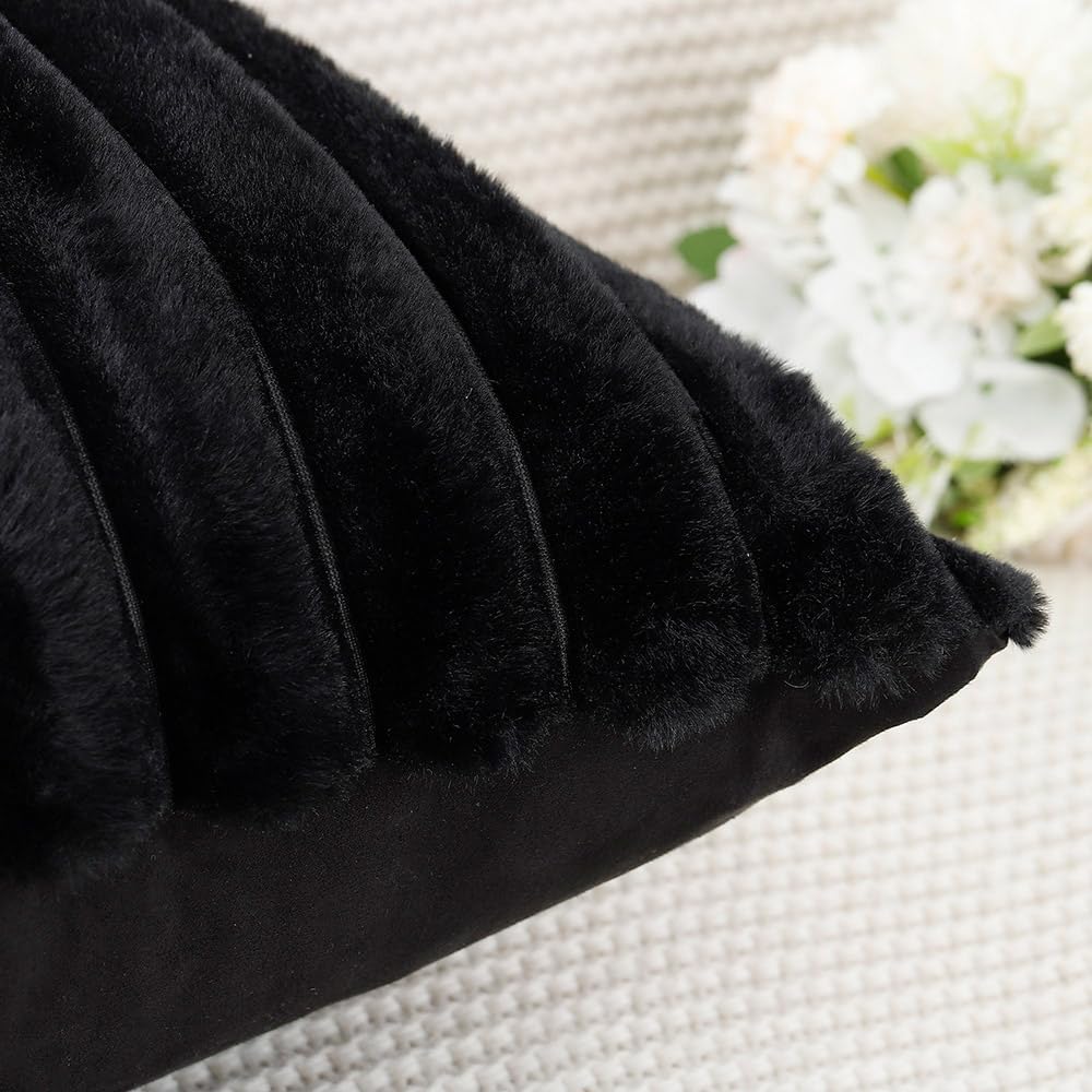MADIZZ Set of 2 Faux Wool Plush Decorative Throw Pillow Covers 12x20 Inch Black Fluffy Striped Soft Decorative Cushion Cover for Sofa Bedroom Pillow Shell