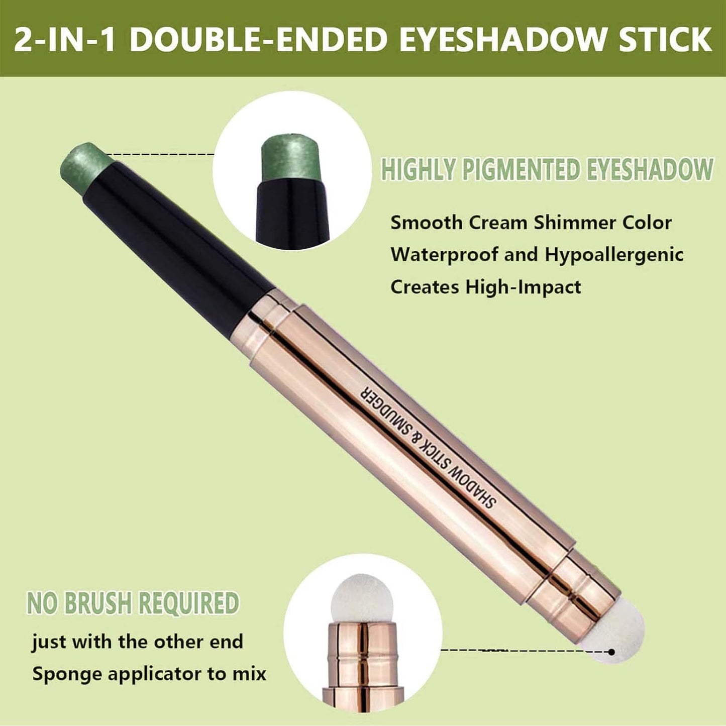 Bright Green Eyeshadow Stick Makeup, Highlighter Matte Cream Eye Shadow Pencil, Waterproof Hypoallergenic Long Lasting Crayon, Glitter Primer Palette Shimmer Eyeliner Pen wiht Soft Brush