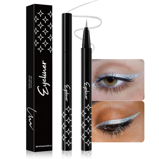 evpct 1Pcs Silver Glitter Liquid Eyeliner, Metallic Shimmer Light Silver Eyeliner Liquid Eye Liner Eyeshadow Pencil Face Body Glitter Makeup, Longwear Waterproof, Fake Eyelashes Mascara Accessories