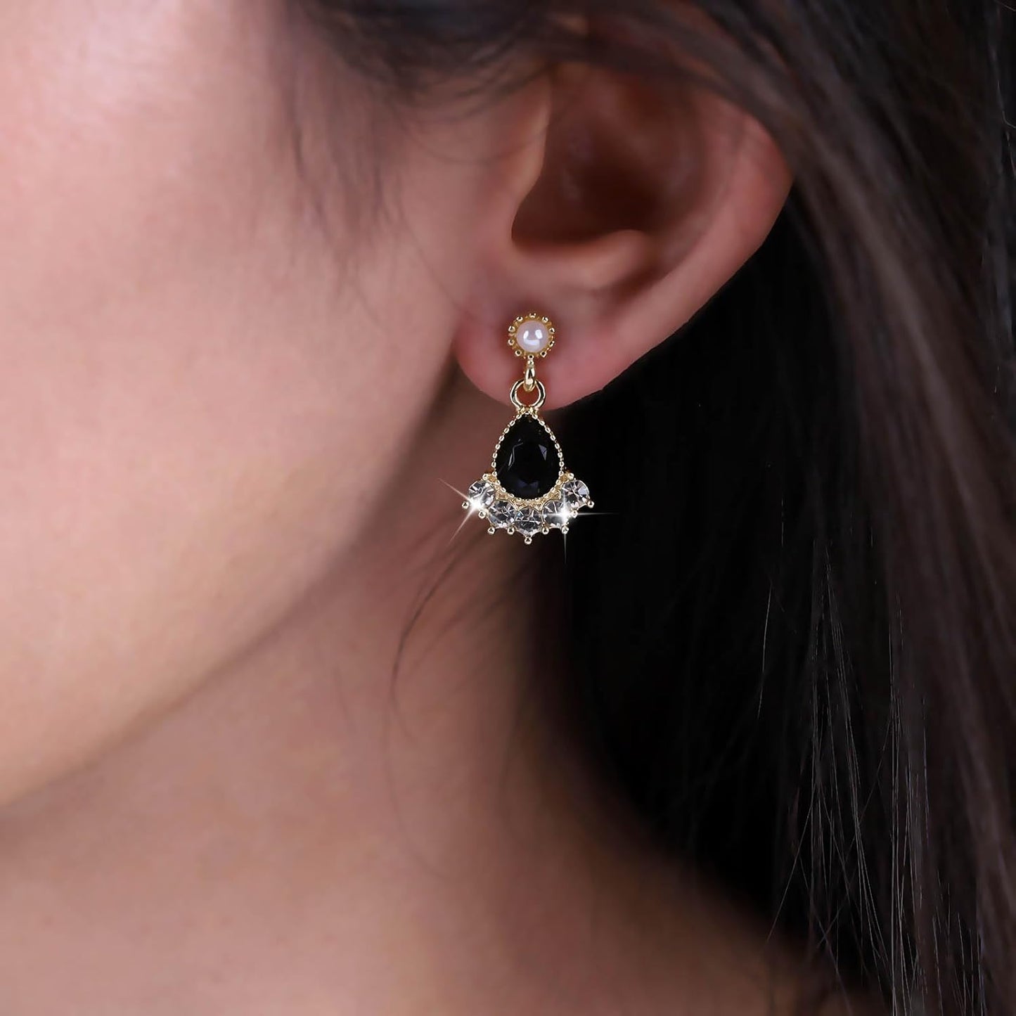 Vintage Black Crystal Teardrop Earrings Crystal Tassel Drop Earrings Gold Pearl Stud Earrings Black Onyx Earring Jewelry for Women