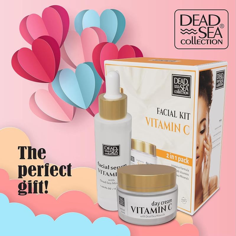 Dead Sea Collection Facial Vitamin C Kit - Day Cream (1.69fl.oz/50ml jar) & Facial Serum (1.69fl.oz/50ml bottle) - Pure Dead Sea Minerals - Anti-Wrinkle Hydration Smooth and Moisturized Skin