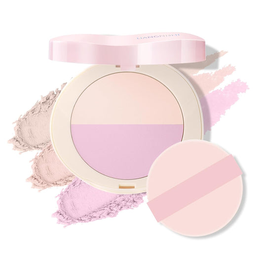 Pink Setting Powder, 3 in 1 Blush Palette with Puff, Highlighter Palette, Fine Texture Blush Pressed Powder, Setting Powder Makeup, Korea Makeup - Purple