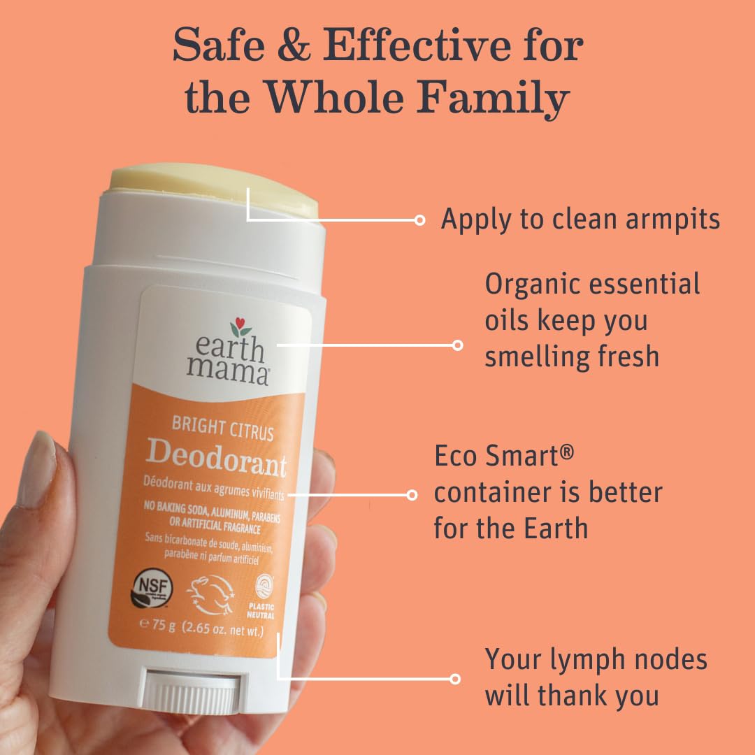 Earth Mama Bright Citrus Deodorant | Safe for Sensitive Skin, Pregnancy and Breastfeeding, Contains Organic Grapefruit and Calendula, No Baking Soda or Aluminum, 2.65-Ounce