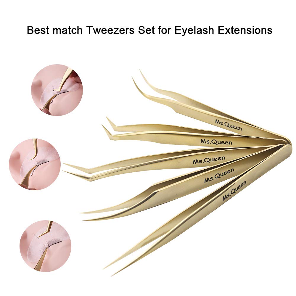 Ms.Queen Eyelash Extension Tweezers Set-Precision Tweezers for 2D-6D Volume&Individual False Lashes Extensions with PU Storage Case-Golden