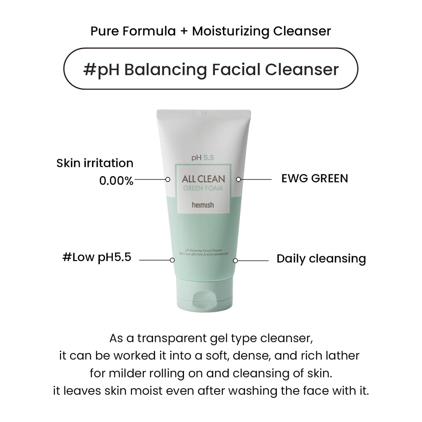 HEIMISH All Clean Green Foam Moisturizing Face Cleanser, Hydrating Gentle Gel Cleanser, Daily Face Wash for Sensitive Skin with Amino Acid, P.H 5.5, for Double Cleansing, Korean Skincare, 5.3oz/150g