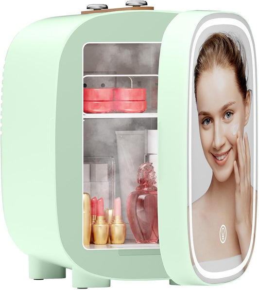 DF01A Skincare Fridge, Mini Fridge for Skincare with 3-Level Dimmable LED Light Mirror, Low Noise 4L Makeup, Cooler & Warmer, Portable Design for Multiple Uses - Bedroom, Office, and Car