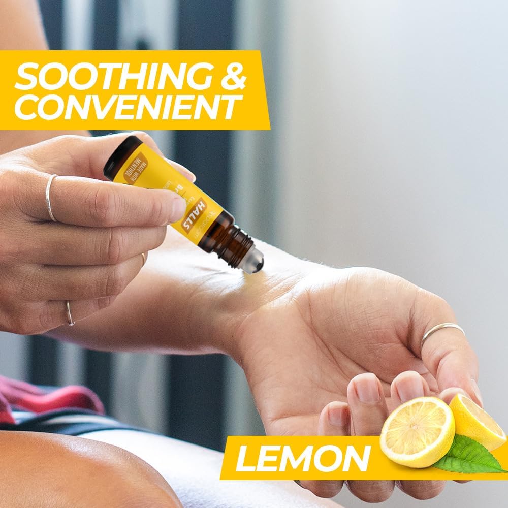 Halls Breathe Essential Oil Roll On Lemon – Uplifting Citrus Blend with Menthol for Stress and Craving Relief, Clean Botanical Aromatherapy for Travel or Home Use, 10mL Pocket-Sized Format