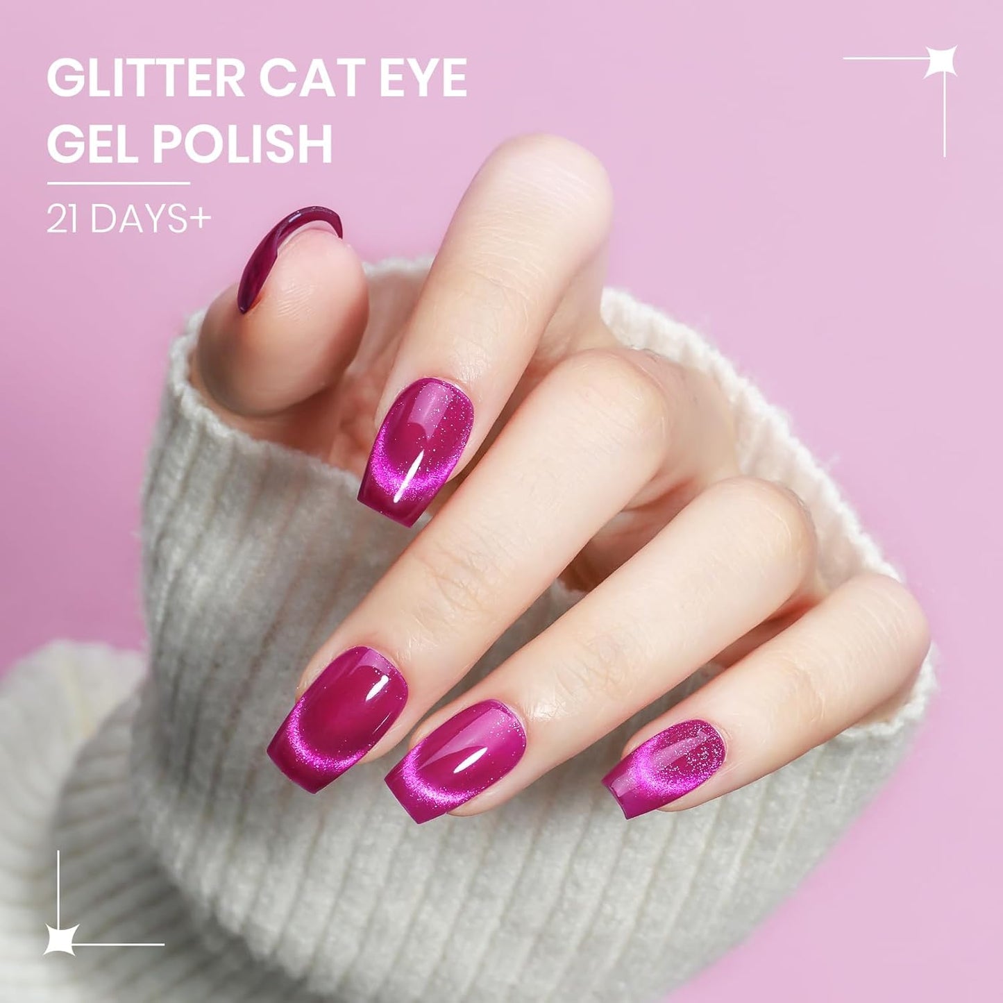 Hot Pink Cat Eye Gel Polish with Magnet 15ML Crystal Magnetic Cateye Gel Nail Nail Polish Holographic Glitter Shimmer Reflective Nail Polish with Magnet Soak Off Salon DIY at Home