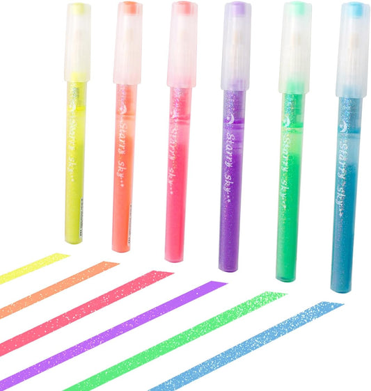 Glitter Highlighter Markers 6 Pack Set B, Chisel Tip Sparkle Highlighters Assorted Colors Pastel Glitter Highlighters Pens for Children Students Adults Journaling Coloring