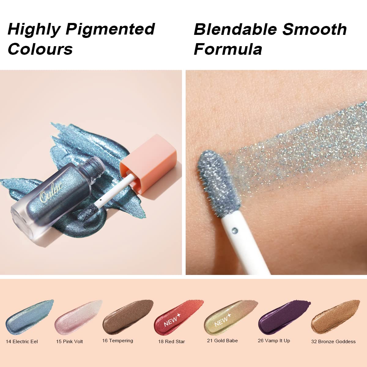 Oulac Liquid Glitter Eyeshadow - Black Shimmer Eyeshadow & Liquid Eyeliner - Non-sticky One-Swipe Coverage with Quick-Drying Crease-resistant Formula. Vegan & Cruelty-Free (12)