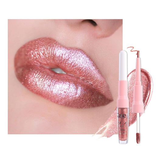 Kaely 2-in-1 Rose Gold Metallic Lipstick and Lip Liner, Shimmer Liquid Metallic Lipsticks for Women, Glitter Lip Gloss Stain Long Lasting Waterproof Smudge Proof 24 Hour, Vegan Makeup, 04