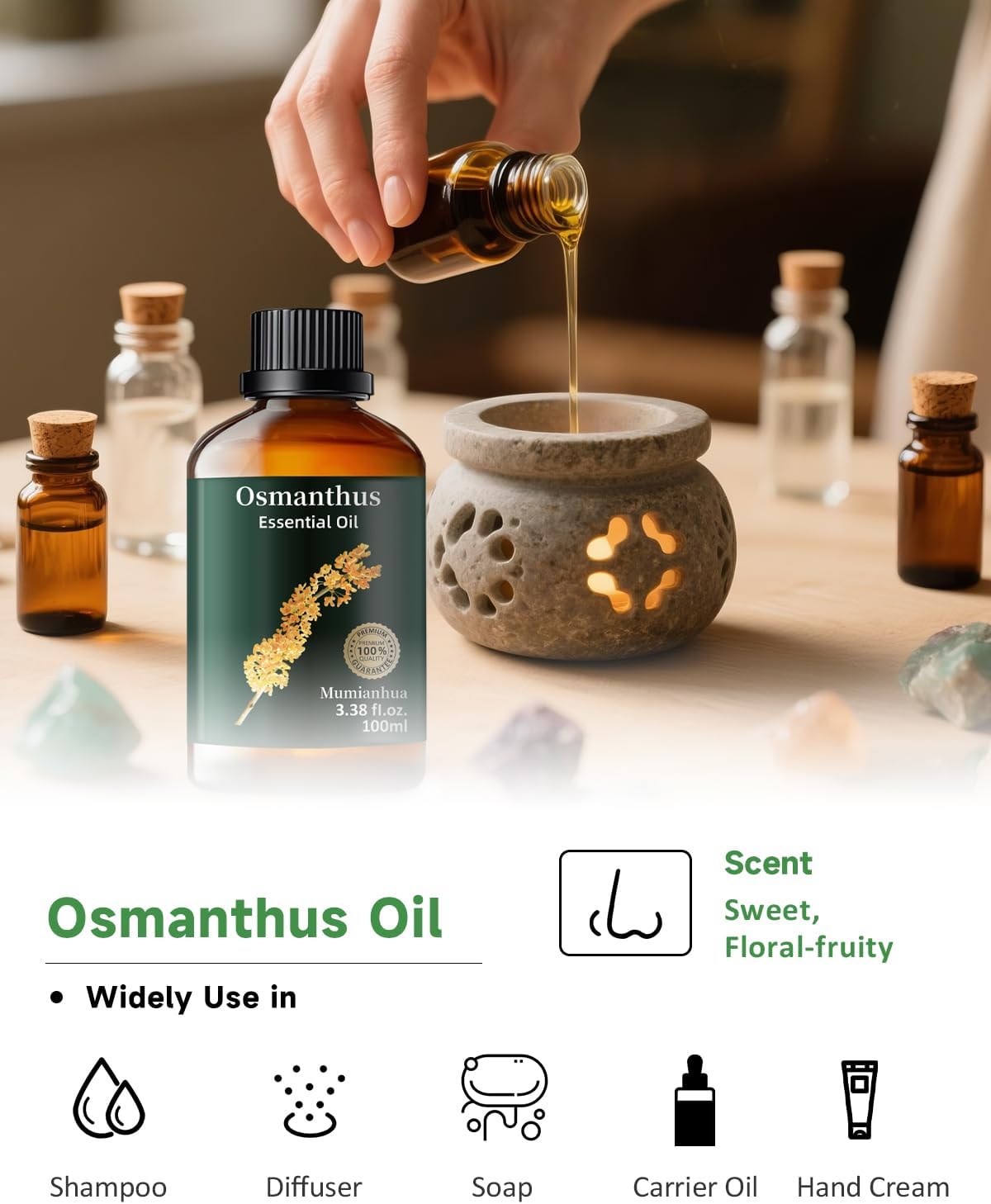 Mumianhua Osmanthus Essential Oil 100% Pure- Floral Essence Osmanthus Oil for Diffuser, Skin Care & Air Purifier | Steam Distilled for Candle Making, Massage Blends & Home Fragrance 3.38 Fl Oz