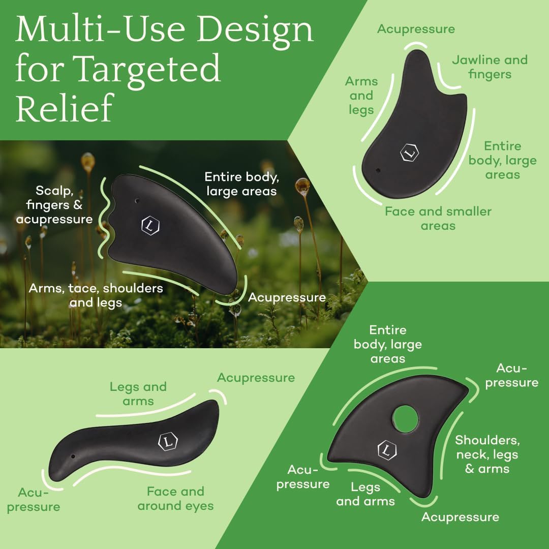 LUONKOS Gua Sha Tools Set - Large Black Bian Stone, 4-Pc - Face & Lymphatic Drainage Massager - Skin Care & Face Sculpting Tool