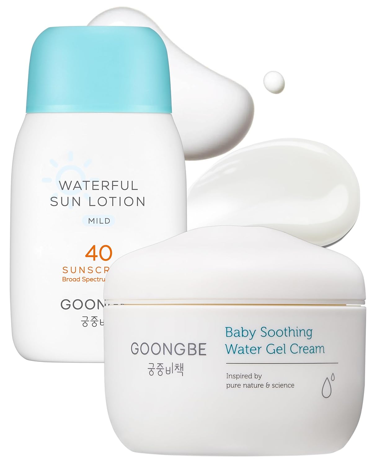 Sun Lotion SPF 40 & Baby Soothing Water Gel Cream - Zinc Oxide Mineral Sunscreen & Cooling Moisturizer - Korean Skincare for Babies Kids - Hypoallergenic Formula, 2.82oz & 3.38oz