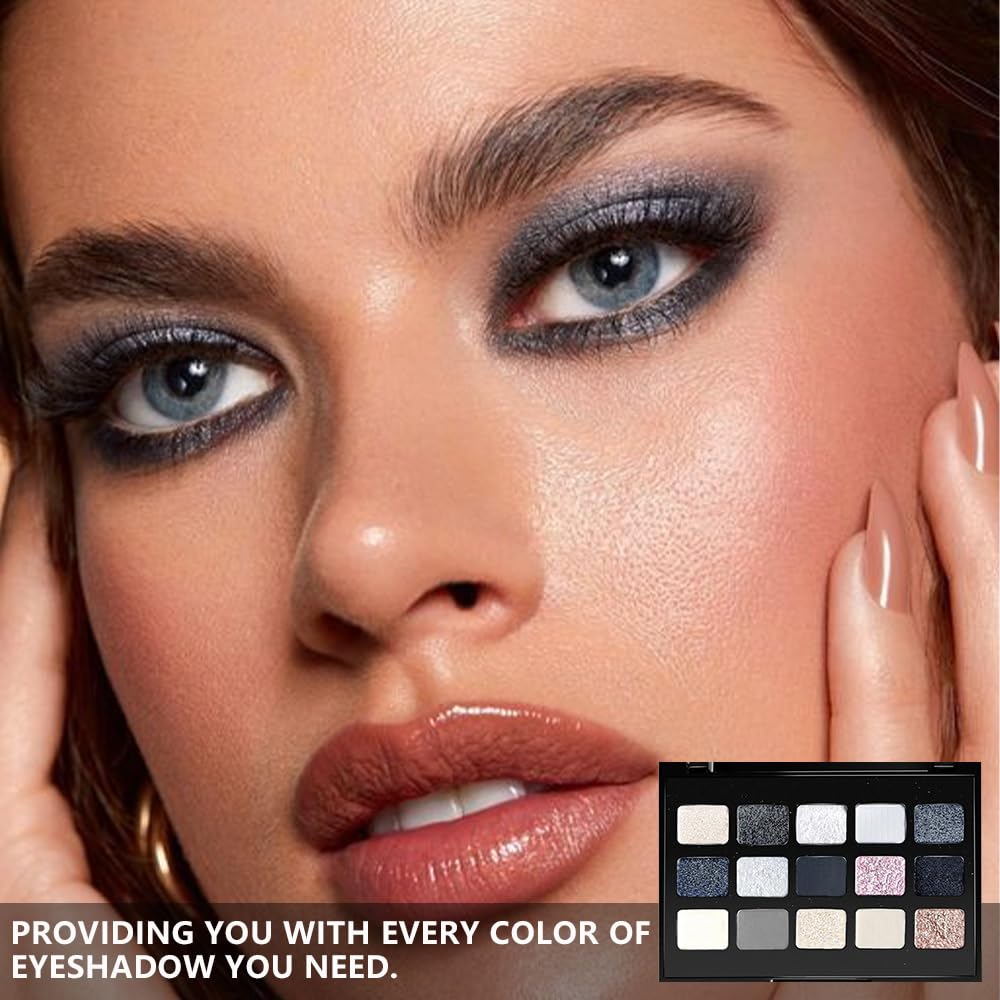 SUAKE 15 Colors Matte Shimmer Pearlescent Eyeshadow Palette for Eye Makeup,High Pigmented Smoky Dark Punk Metal Eye Shadow Primers Powder, Flashing sombras de ojos for Cosplay - Black Gold Blue Brown