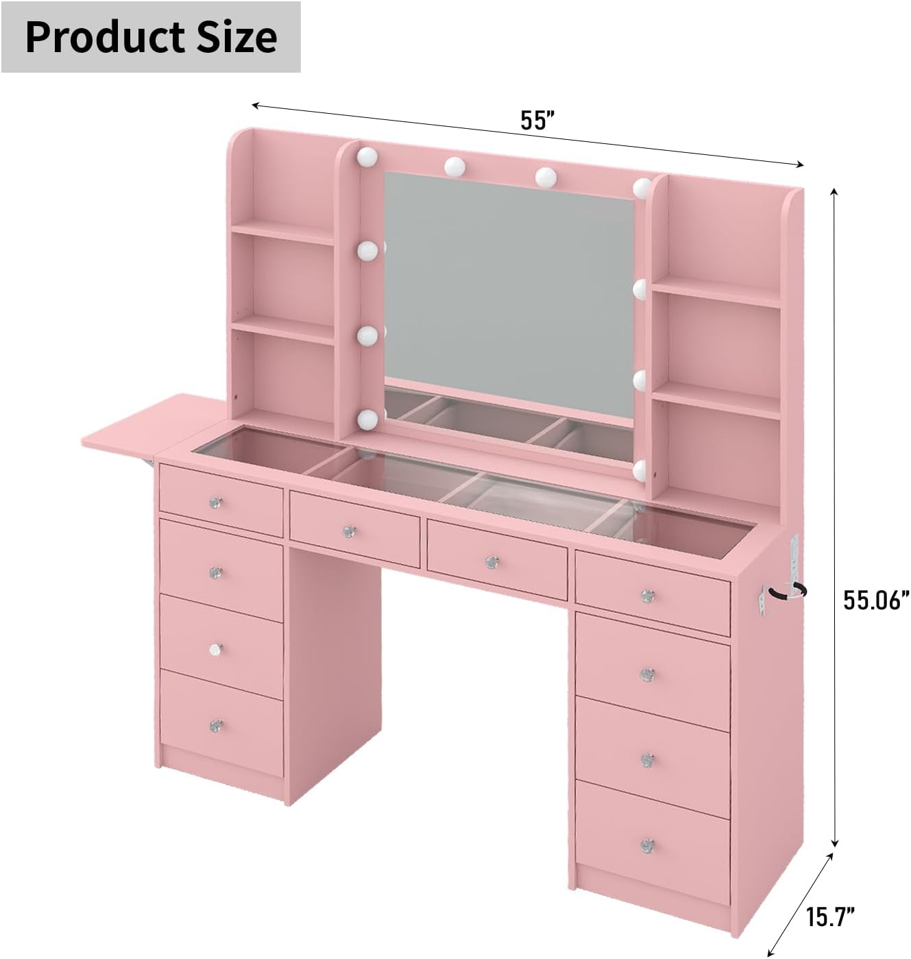 Vanity with Mirror and LED Lights,Vanity Desk with Power Outlet, Makeup Vanity with Drawers and 2 Cabinets, Fold-up Panel, Glass Top Vanity Table with Chair for Bedroom (10 Drawers, Pink)