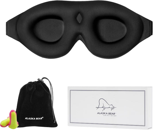 ALASKA BEAR Sleep Mask Memory Foam Contoured Eye Cups for Women and Men, Soft 3D Blackout Eye Mask for Sleeping No Pressure on Eyelids and Eyelashes Protection, Earplugs Set, Black