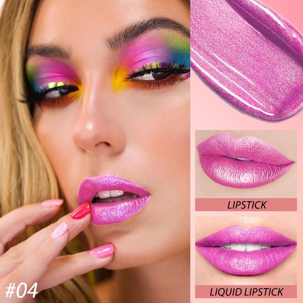 evpct 2 in 1 Hot Pink Glitter Metallic Shimmer Diamond Lipstick and Lip Gloss Set for Women Long Lasting Waterproof, Rose Pink Sparkle Glitter Shiny Lipstick and Lip Liner Makeup Set, 04#