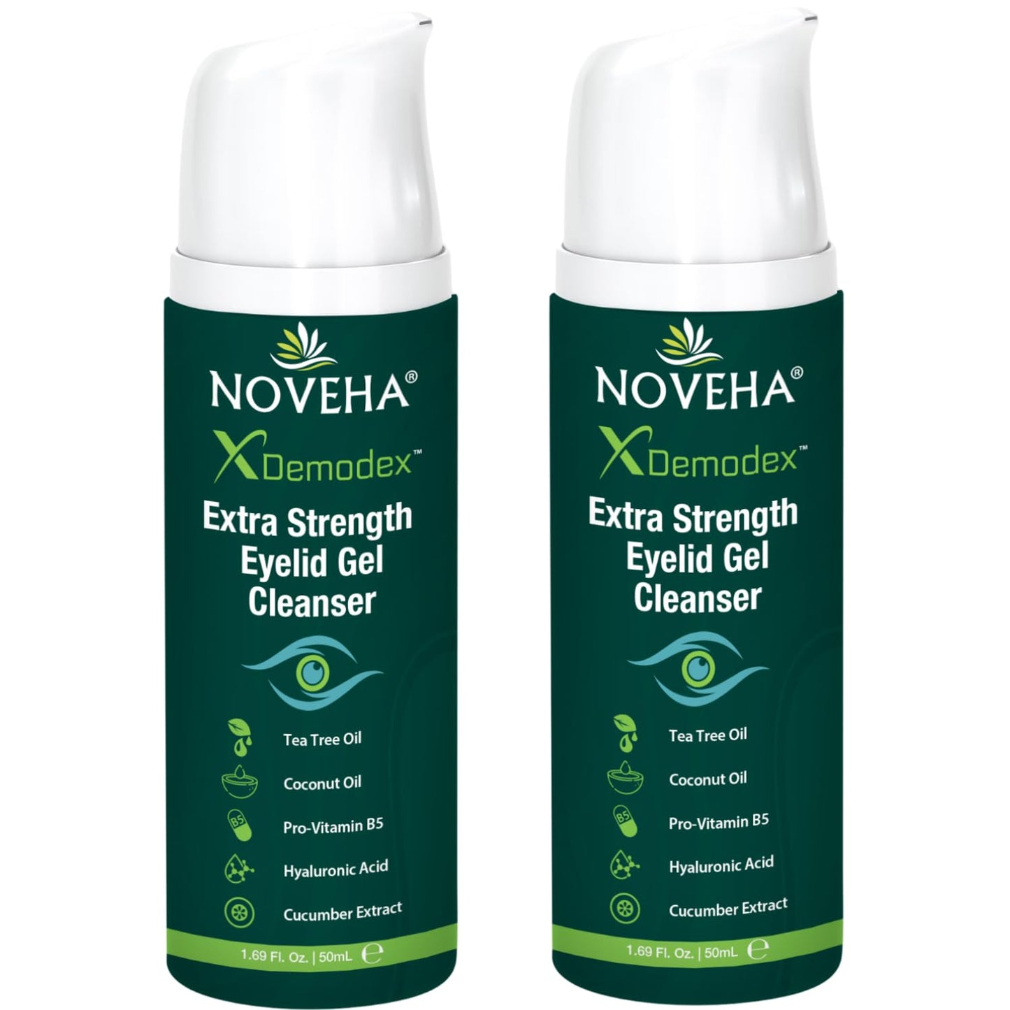 NOVEHA Demodex Extra Strength Eyelid Gel Cleanser - for Demodex, MGD and Dry Eye with Pro-Vitamin B5, Tea Tree Oil, and Hyaluronic Acid - Gentle Cleansing, Soothes Itchy Eyelid - 50mL (2 Pack)