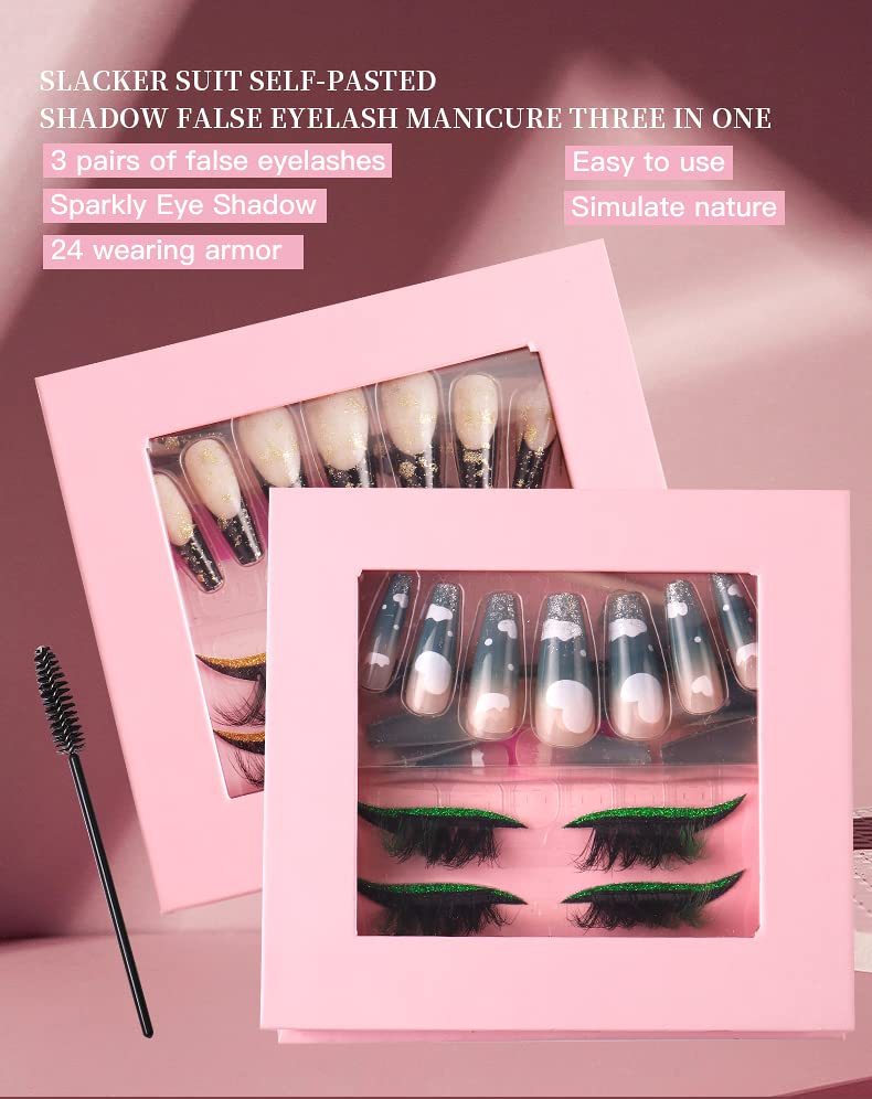 HBZGTLAD 3 in1 color eyeline Press On Nail with Eyelash Packing Boxes Set Package Pink White DIY Lashes and Nail Suit Box 1set… (SET-54)
