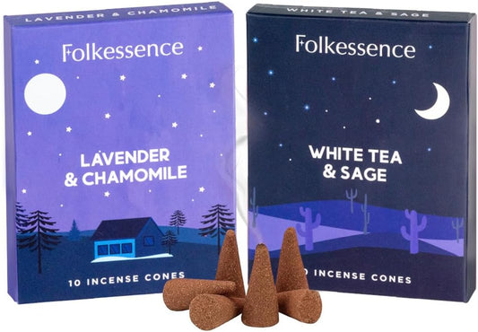 Folkulture Incense Cones Scented | Set of 2 Inscents-Cones (20 Cones) | Lavender, White Tea, Sage & Chamomile | Variety Pack Insence Cone for Relaxation and Meditation