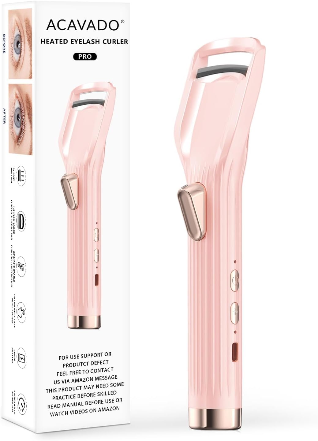 Heated Eyelash Curler Premium PRO - Fast Heat up in 8s - 24 Hours Long Lasting - Rechargeable Electric Eyelash Curler with Type-C, Innovative L Silicone, 2 Heat Modes, Anti-Burn Eyelid, Pink-DB