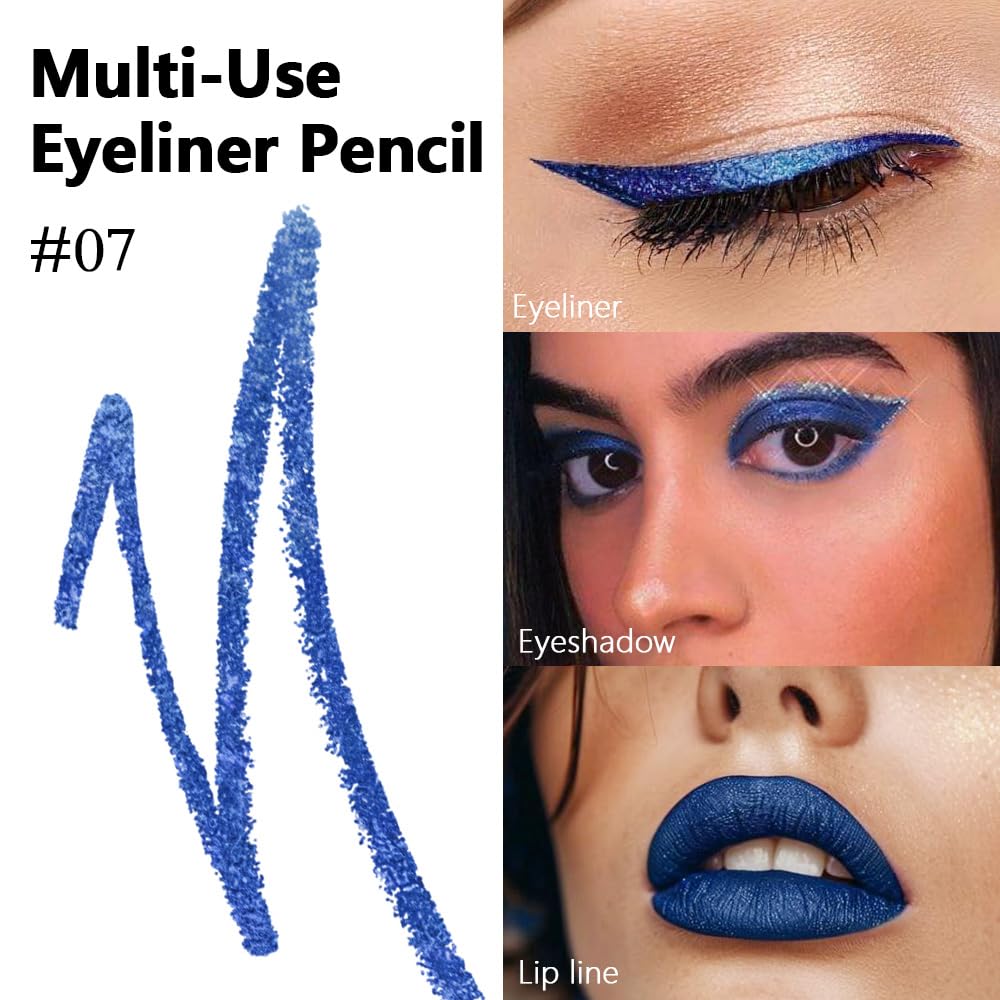 evpct Blue Glitter Eyeliner Pencil for Eyes, Dark Royal Blue Metallic Shimmer Eye Liner Pencil Makeup Waterproof Smudge Proof, Colored Gel Waterline Eyeliner, Face Eye Paint Stick Halloween Makeup 07