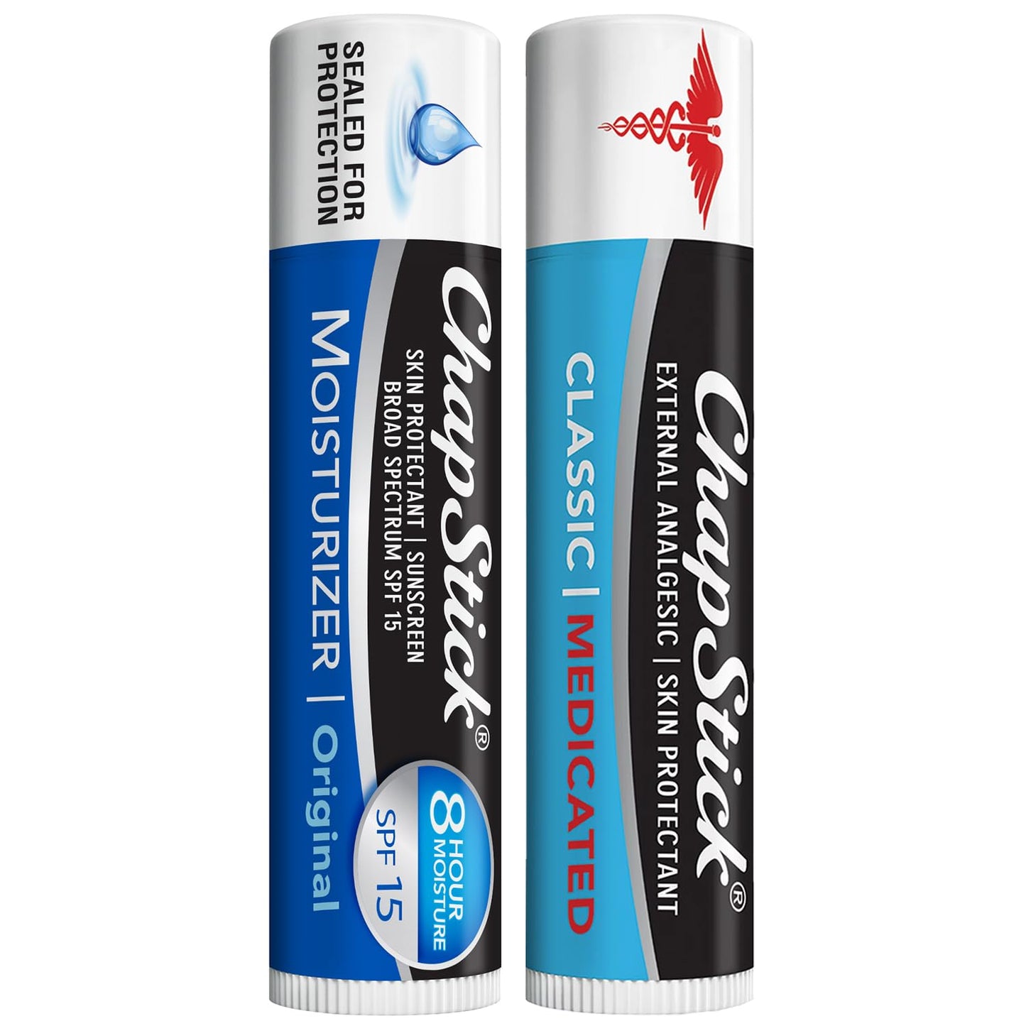 ChapStick Dry Lips & Cold Sore Pain Relief Bundle – Classic Medicated ChapStick + Original Moisturizer Lip Balm with SPF 15, 0.15 Ea (2 Piece Set)