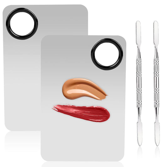 2 Sets Foundation Palette Makeup Mixing Palette Stainless Steel Cosmetic Mixing Palette with Spatula Makeup Artist Tool for Mixing Foundation Eye Shadow Eyelash Nail Art (4.52 x 2.99 inch)