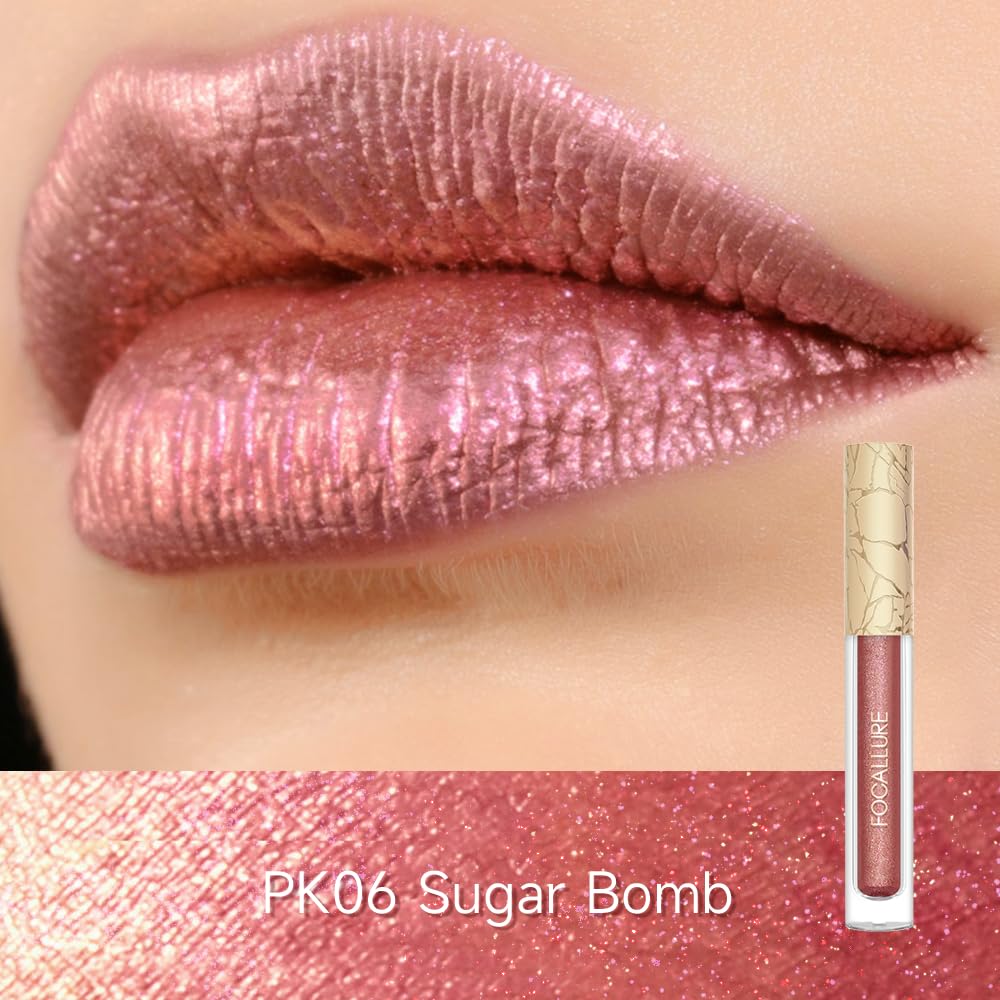 FOCALLURE Metallic Liquid Lipstick,Non Stick Cup Lip Gloss,High Impact Lip Color with Transfer-proof Wear,Long Lasting & Waterproof Lipstick Makeup for Women,Sugar Bomb