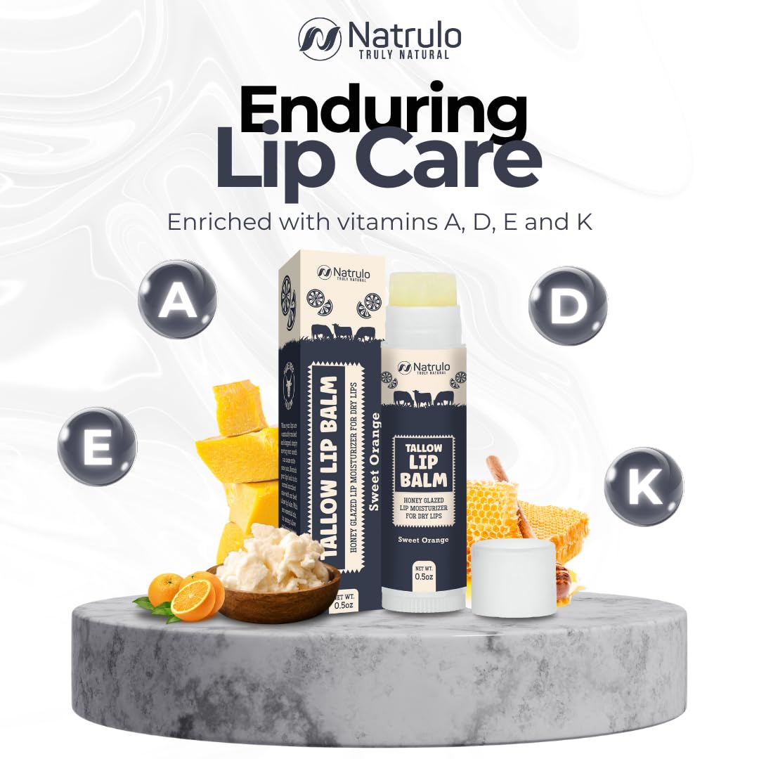 Beef Tallow Lip Balm – Natural Tallow Beeswax Chapstick – Hydrating Moisturizer Grass Fed Tallow Balm Lip Care – Soothes Chapped, Dry Lips, Sensitive Skin – Long Lasting Vitamin Rich USA-Made Orange