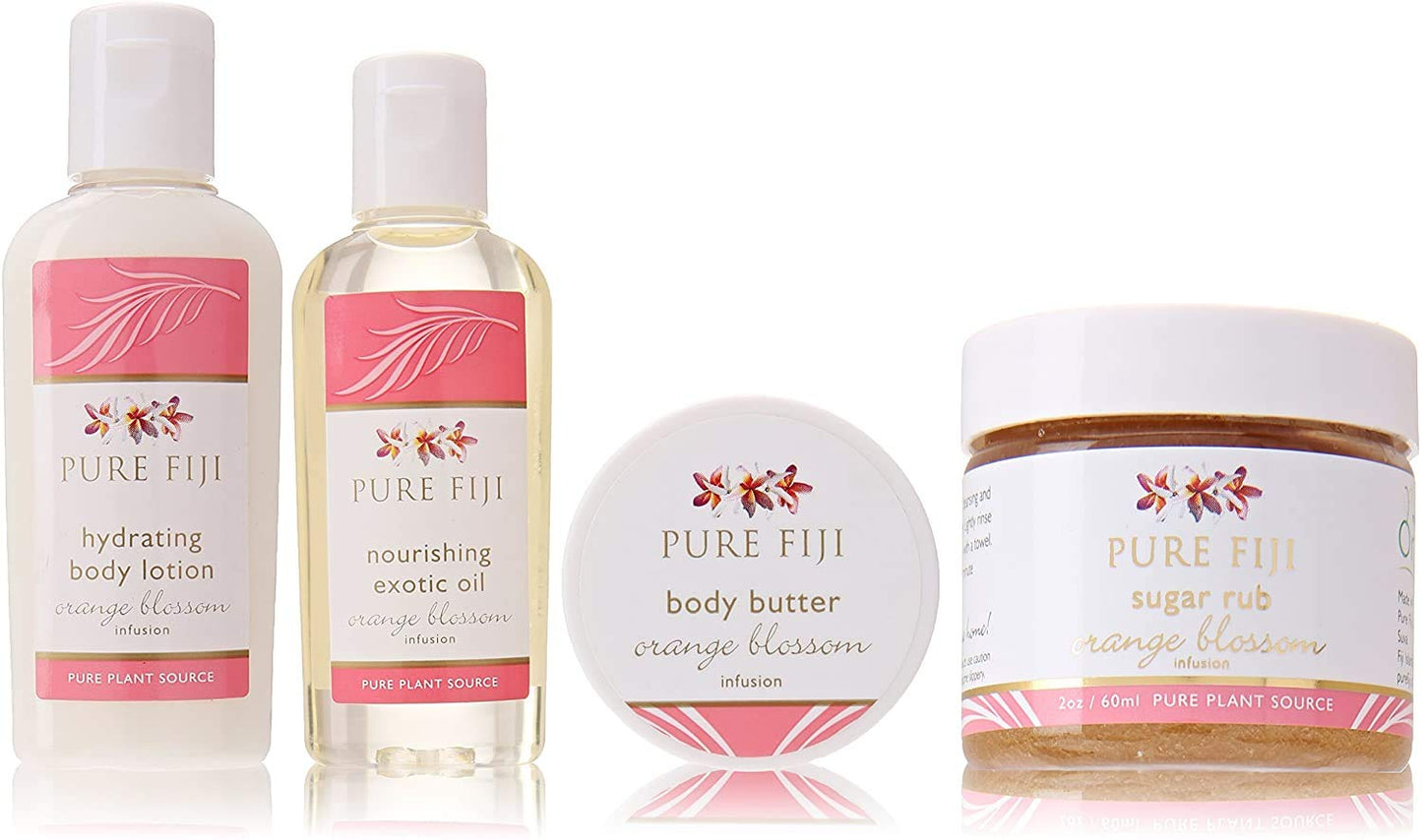 Pure Fiji Spa Gifts for Women and Man - Body Gift Box Include: Sugar Scrub, Bath and Body Oil, Body Butter and Body Lotion, Scent Orange Blossom
