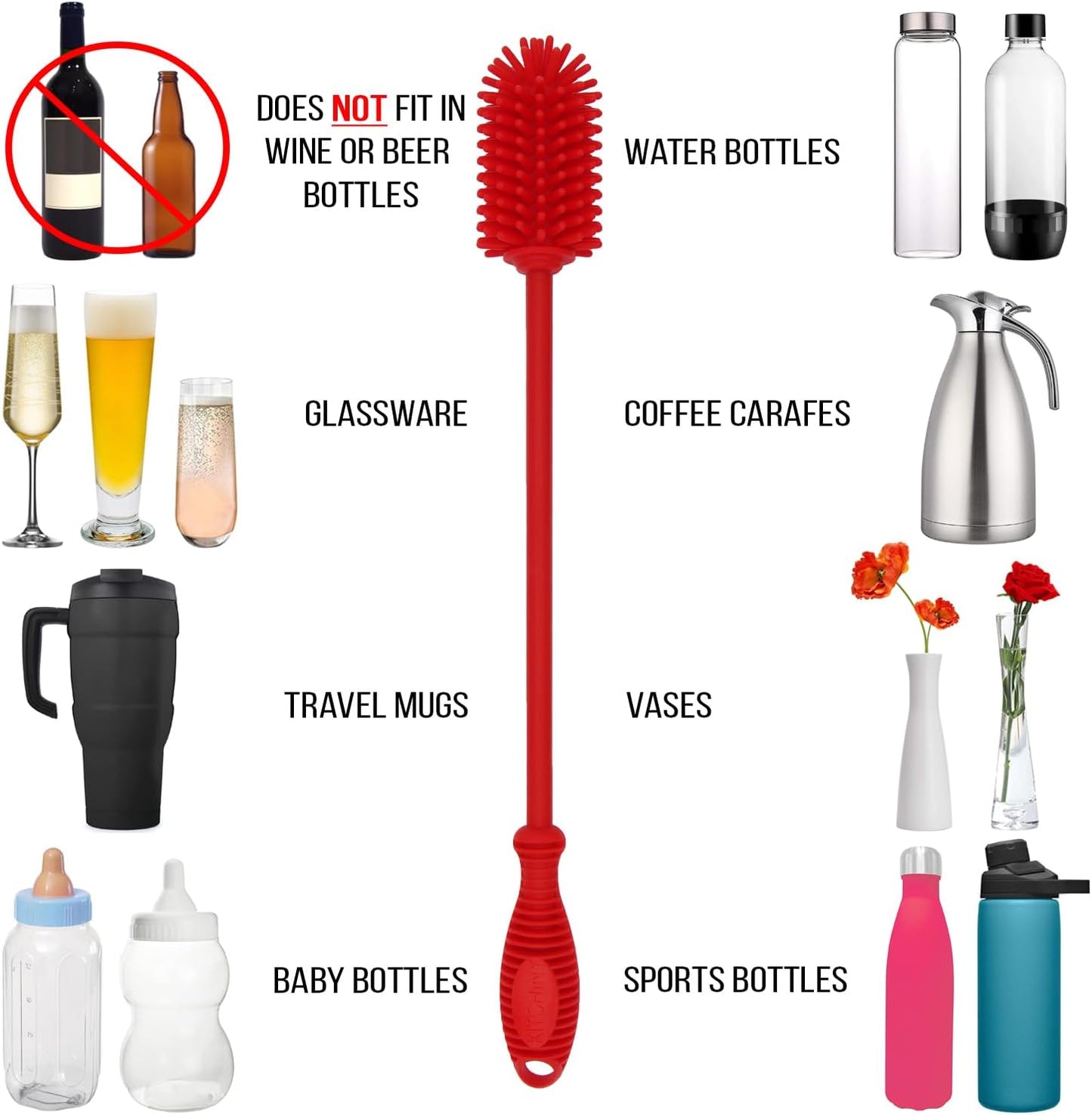12.5" Silicone Bottle Brush & Straw Cleaner Brush Set | Water Bottle Cleaner for Hydro Flasks, Tumblers, Glassware, Vases and Narrow Neck Containers