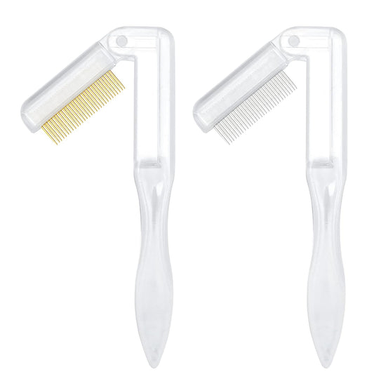 G2PLUS 2PCS Folding Eyelash Comb, Eyelash Separator Tool, White Eyebrow Comb Metal Teeth, Eyelash Brush Tool for Lash & Brow