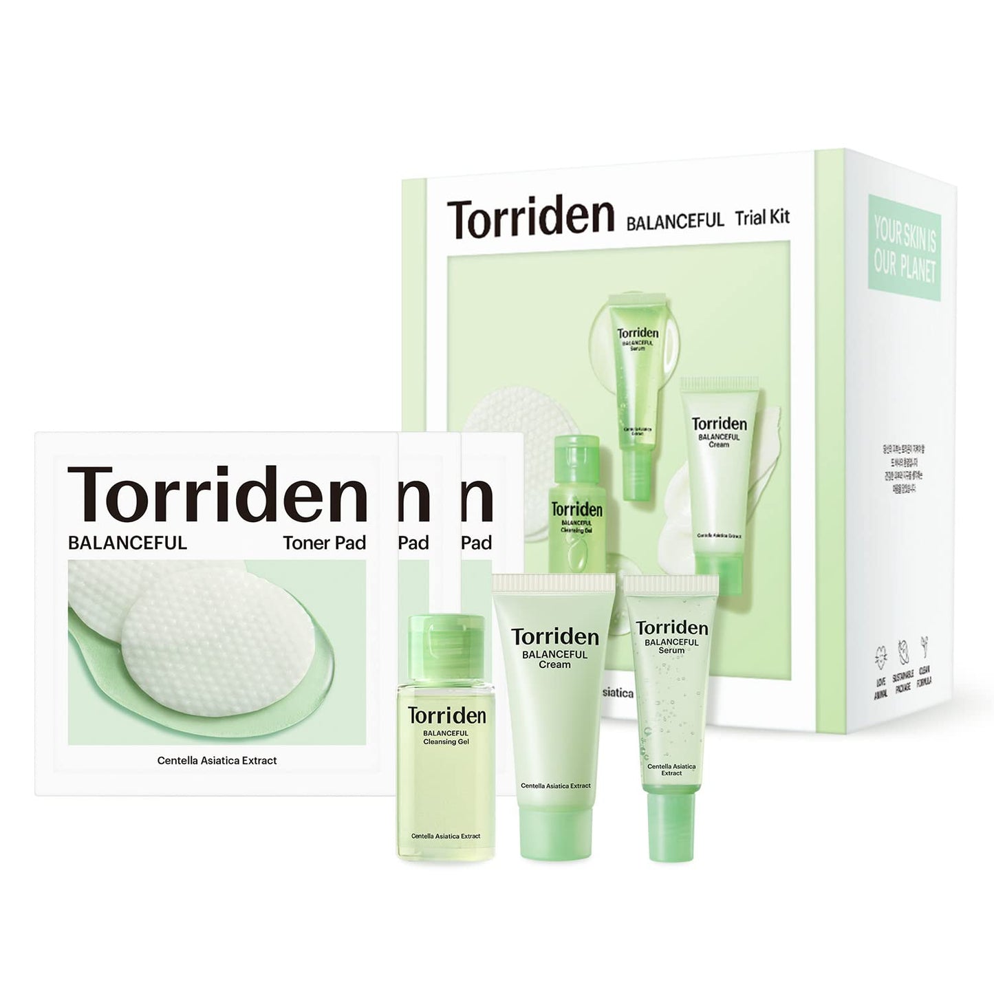 Torriden BALANCEFUL Cica Trial Kit, Gotu Kola Infused Daily Skincare Kit - 4 Step Regimen with Cleansing Gel, Toner Pad, Serum, and Cream | Vegan, Hypoallergenic Korean Skin Care