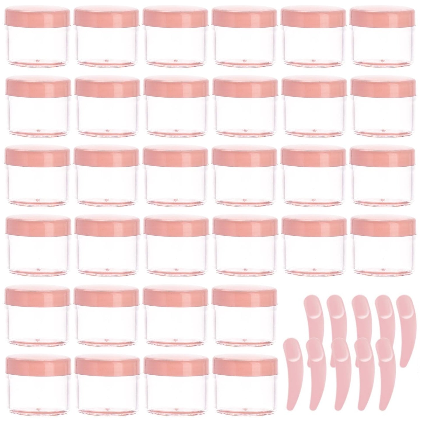 Refillable Cosmetic Sample Jars - 100 Pack 20g (0.7oz) Pink Small Travel Containers with Lids + 10 Mini Makeup Spatulas - BPA Free