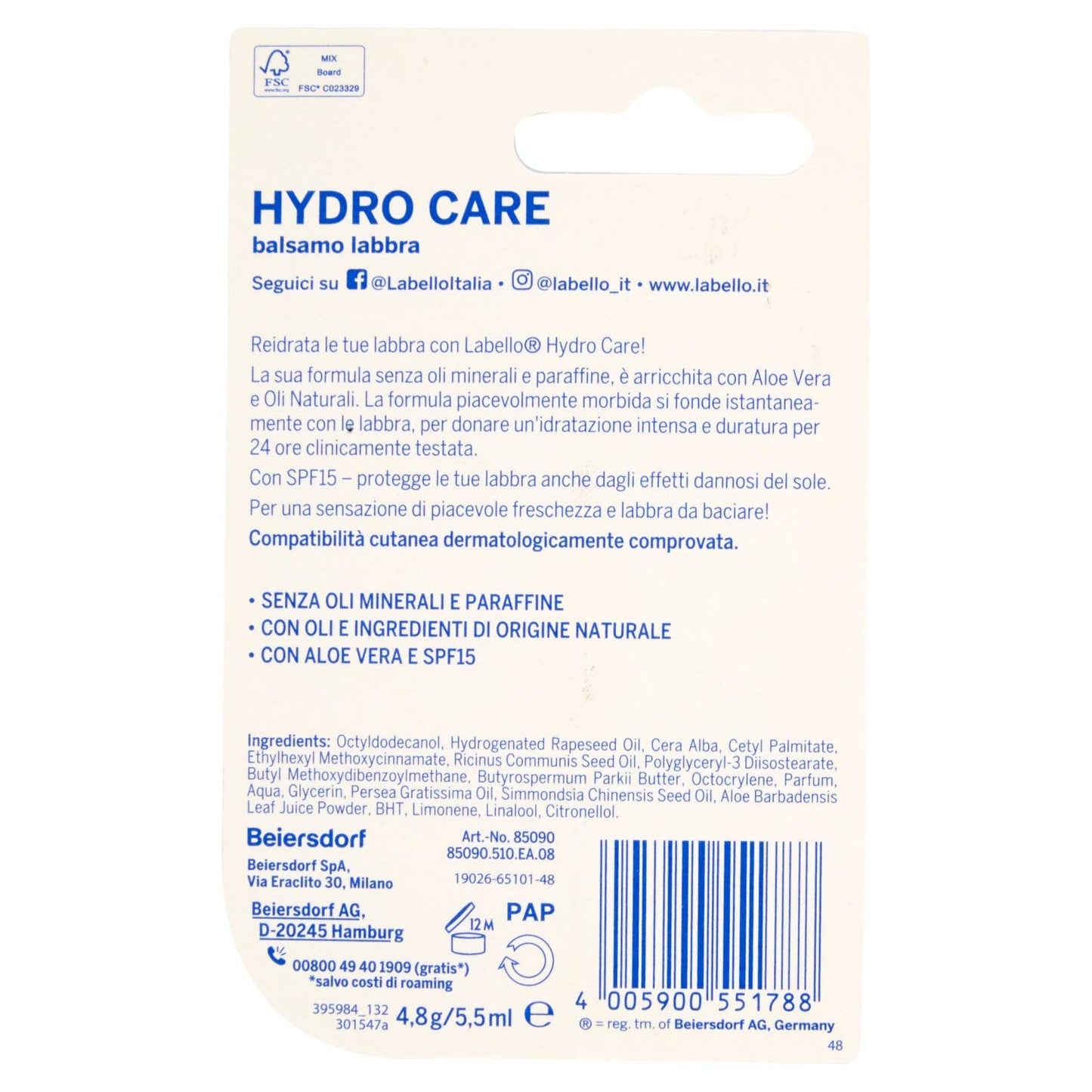 Labello Hydro Care Lip Balm With Natural Oils 5.5ml (0.18 Oz) [Italian Product]