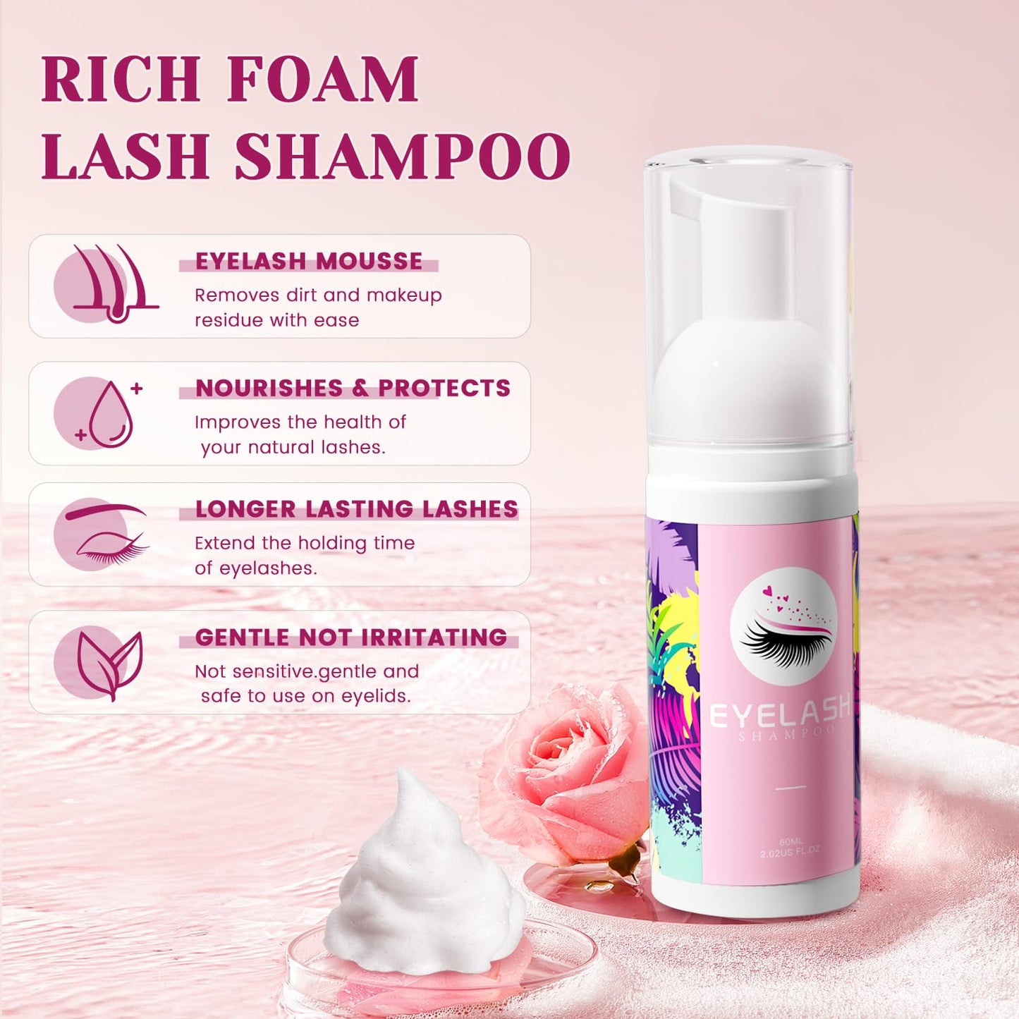 Buqikma Lash Shampoo Kit - Lash Cleaning for Eyelash Extension, 60Ml/2.11fl.Oz Eyelash with Lash Shampoo Brushes Gentle Lash Extension Cleanser for Professional Salon Use and Home Use (2 Pcs)