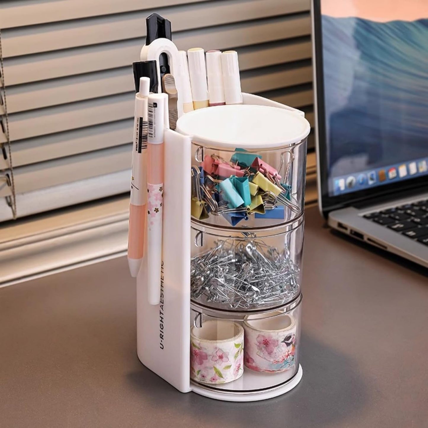 Hair Accessories Organizer with Hair Brush Holder, Rotatable Makeup Brush Holder for Necklaces, Earring, Bracelet, Ring, Makeup Brushes, Hair Clip and Hair Accessories (Pink, 3-Layer)