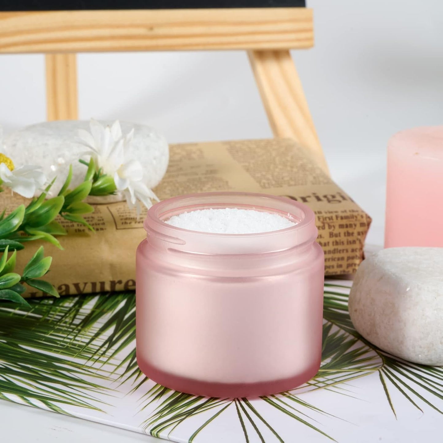 2oz Glass Jars 24 Pack, Hoa Kinh Mini Round Pink Frosted Glass Jars with Inner Liners and Pink Lids, Perfect for Storing Lotions, Powders and Ointments