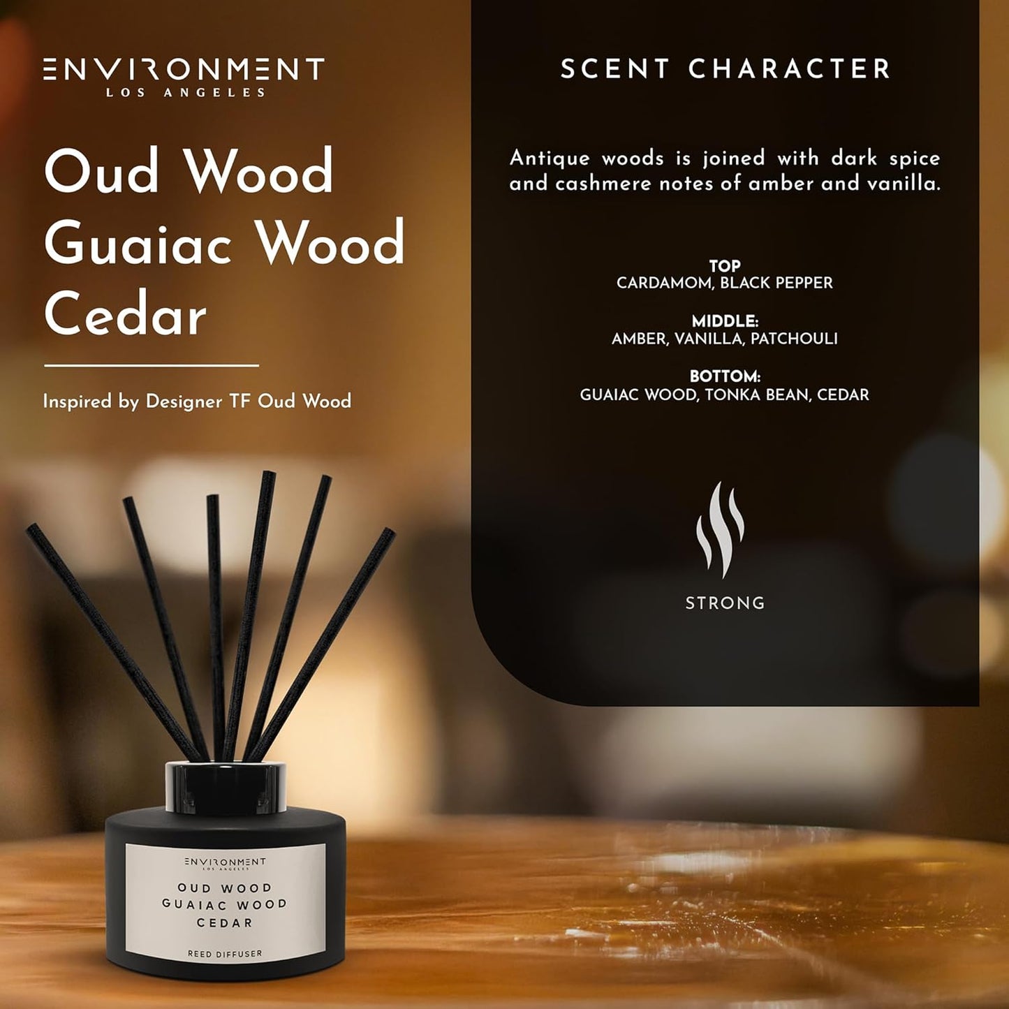 ENVIRONMENT Inspired by Designer TF Oud W0od Reed Diffuser, 200ml Luxury Scented Aromatherapy (Oud Wood | Guaiac Wood | Cedar) Reed Diffusers for Home, Diffusing Oil Fragrance, Home Fragrance Products