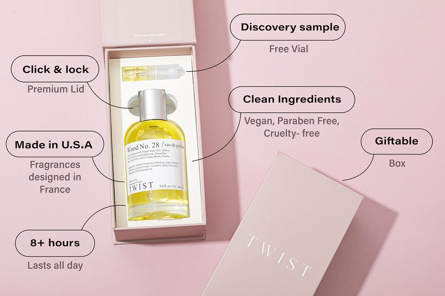 Twist Wood No. 28 - Eau De Parfum Inspired by T. Ford Oud Wood, Long-Lasting Perfume for Women & Men, Paraben Free, Vegan, Clean Ingredients, Unisex, Fragrance - Spray 100 ml | 3.4 fl. oz.