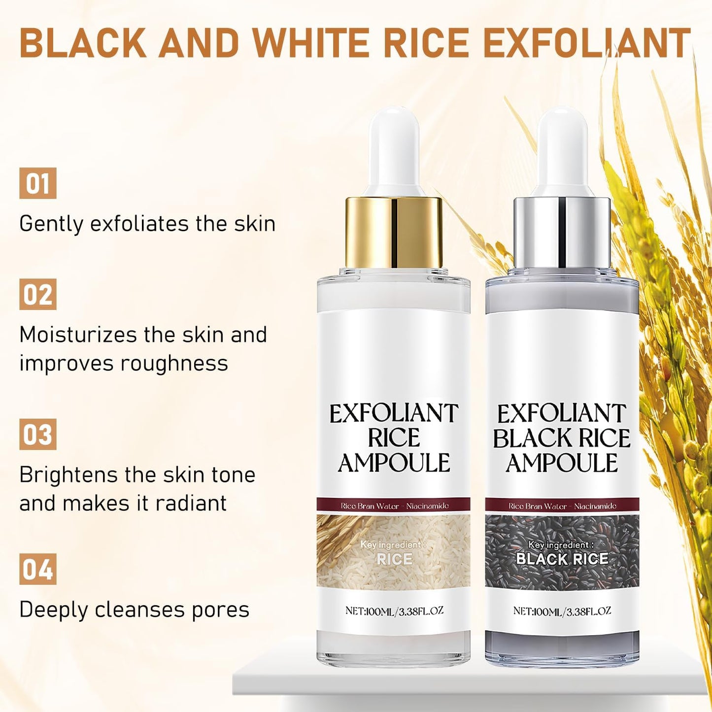 Rice Exfoliant Ampoule Duo, Black and White Face Peeling Solution, Moisturizing Pore Minimizer, 2-Pack, 100ml