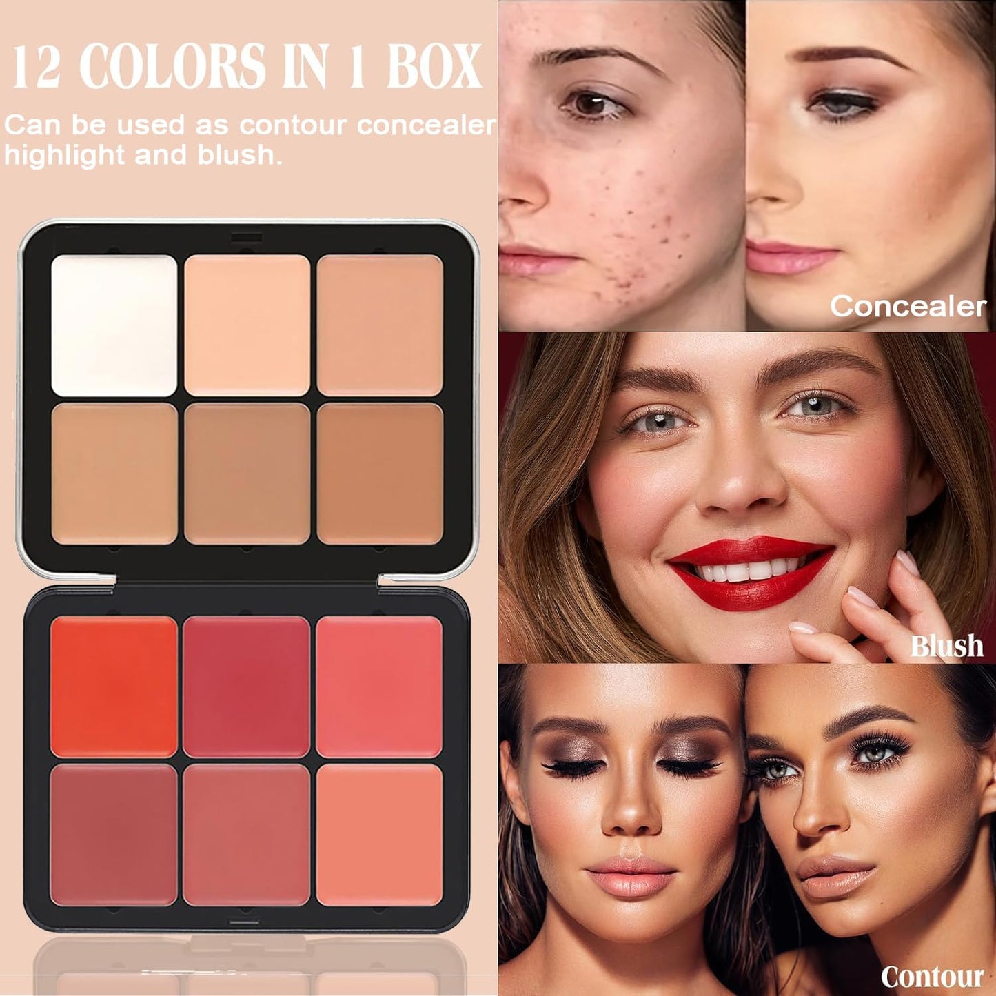 6 Colors Cream Blush Palette + 6 Colors Concealer Cream Contour Palette, Carla Secret Makeup Palette, Foundation Palette with 11 Pcs Makeup Brush Set, Long Wearing Blendable Full Coverage